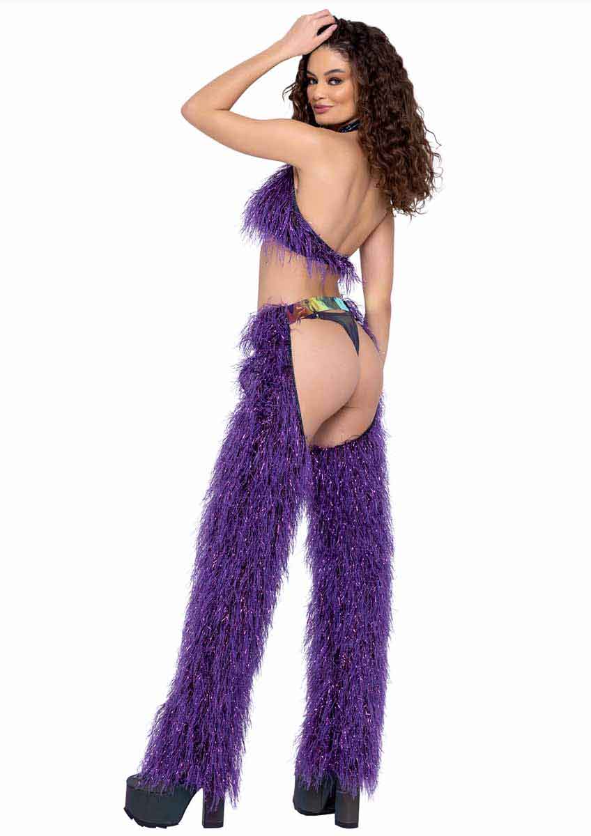 R-6251 Purple Faux-Fur Cropped Halter Neck Top Tops Roma   