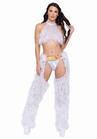 R-6251 White Faux-Fur Cropped Halter Neck Top Tops Roma   