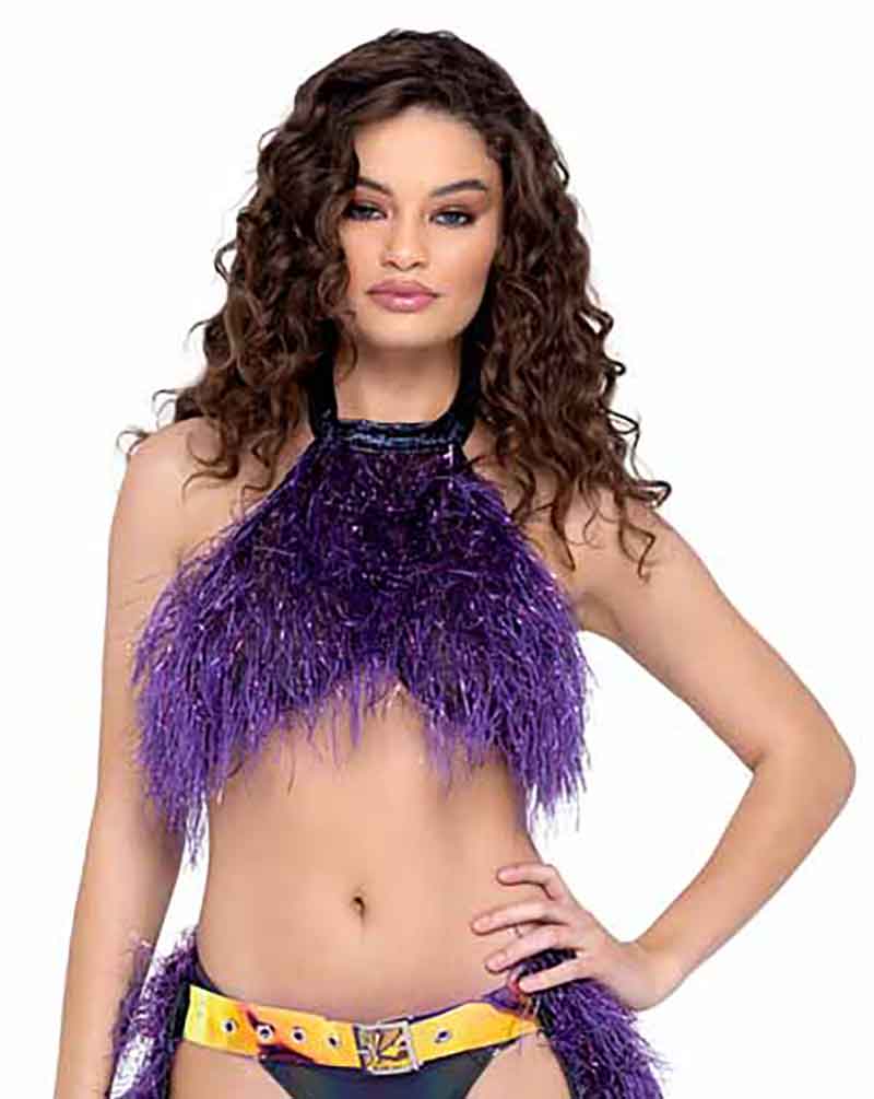 R-6251 Purple Faux-Fur Cropped Halter Neck Top Tops Roma   