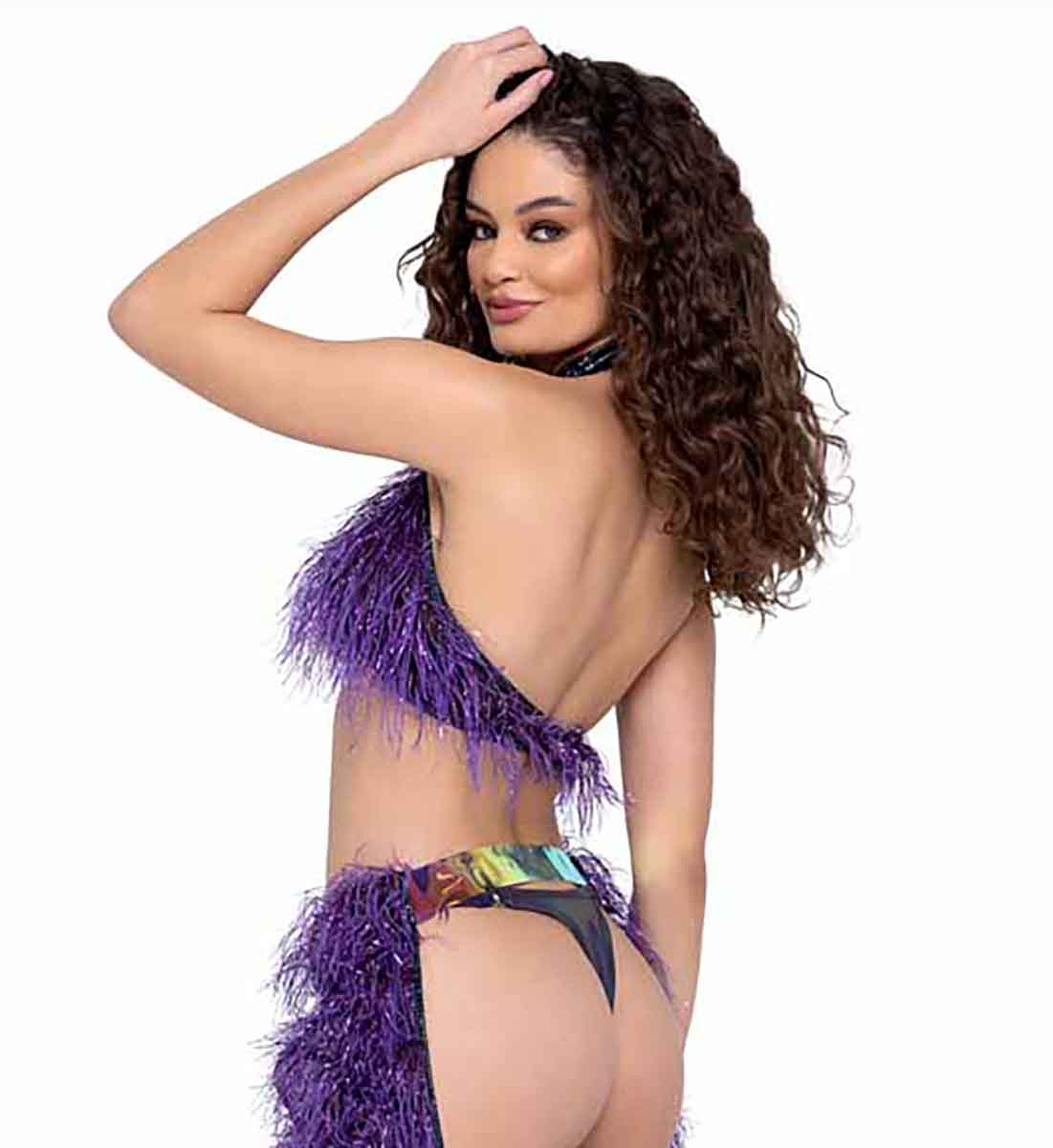 R-6251 Purple Faux-Fur Cropped Halter Neck Top Tops Roma   