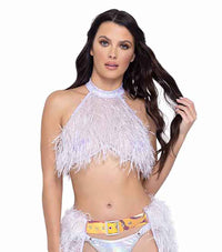 R-6251 White Faux-Fur Cropped Halter Neck Top Tops Roma   