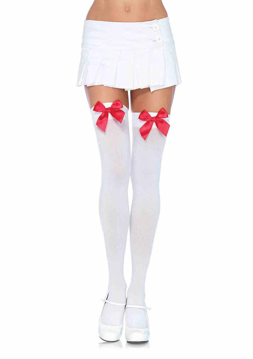 LA6255 - Nylon Stocking with Bow Stockings Leg Avenue White/Red One Size 