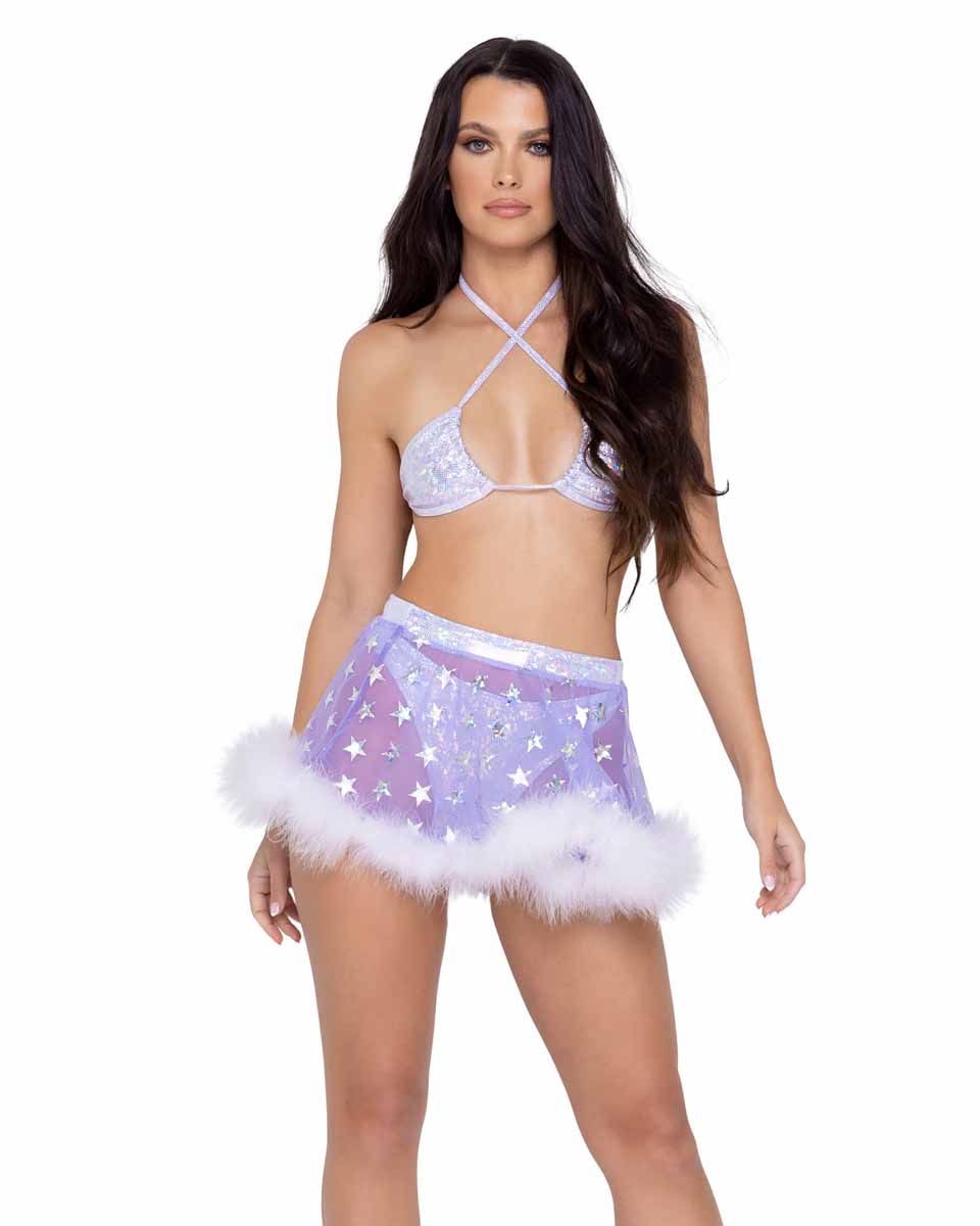 R-6271 Lavender Sheer Stars Skirt with Marabou Trim Skirts Roma   