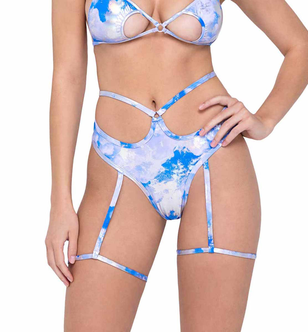 R-6301 - Cloud Print High-Waisted Thong Back Shorts with Attached Leg Strap
