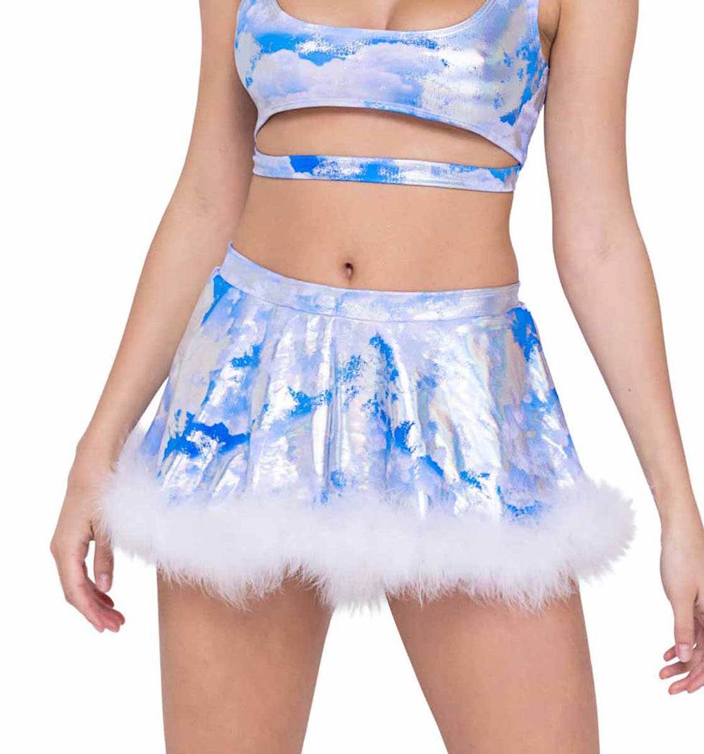 R-6303 - Cloud Print Skirt with Marabou Trim