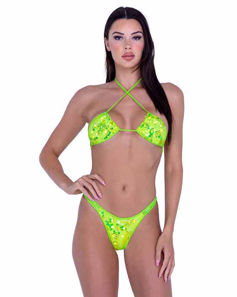 R-6413 Neon Yellow Sequin Bikini Top  Roma   