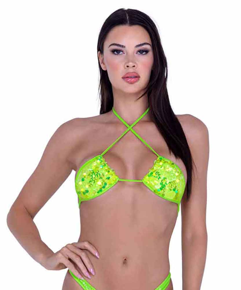 R-6413 Neon Yellow Sequin Bikini Top  Roma   