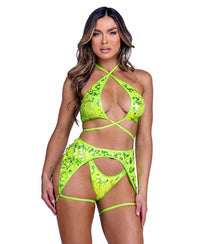 R-6417 Neon Yellow Sequin Garterbelt with attached Leg Straps  Roma   