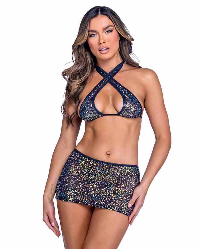 R-6433 Black Sequin Fishnet Criss-Cross Top Tops Roma   