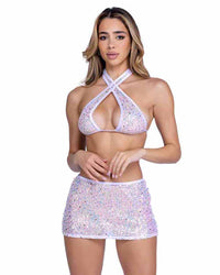 R-6433 White Sequin Fishnet Criss-Cross Top Tops Roma   