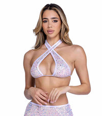 R-6433 White Sequin Fishnet Criss-Cross Top Tops Roma   