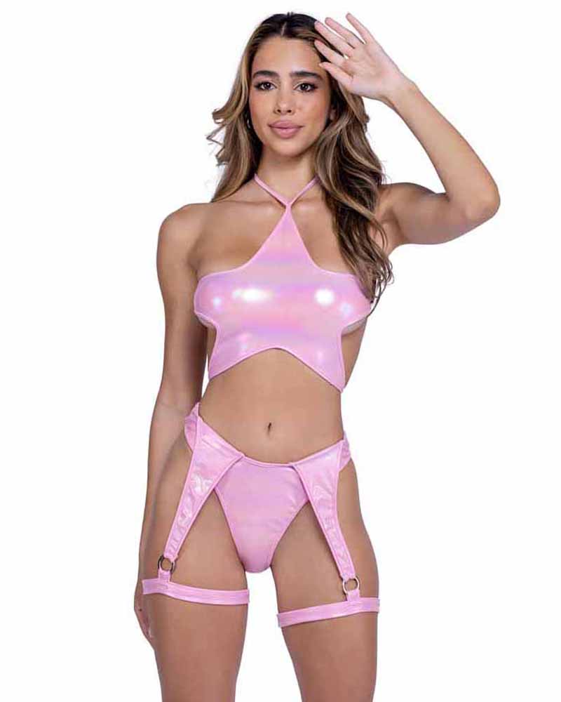 R-6444 Baby Pink Metallic Shorts with Leg Wrap Thong Back Thongs Roma   