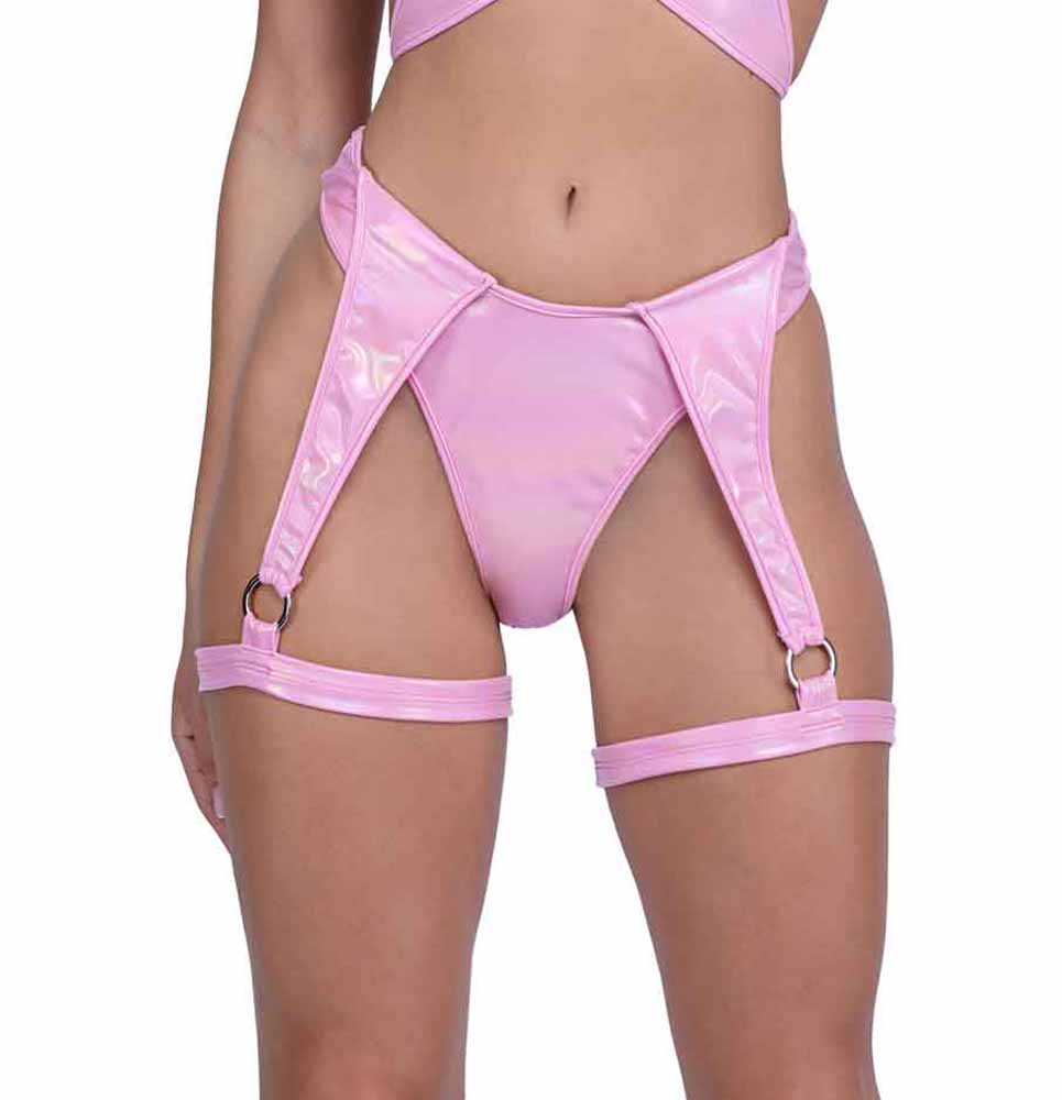 R-6444 Baby Pink Metallic Shorts with Leg Wrap Thong Back Thongs Roma   