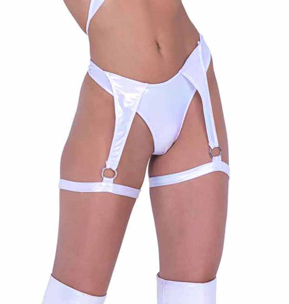 R-6444 White Metallic Shorts with Leg Wrap Thong Back Thongs Roma   