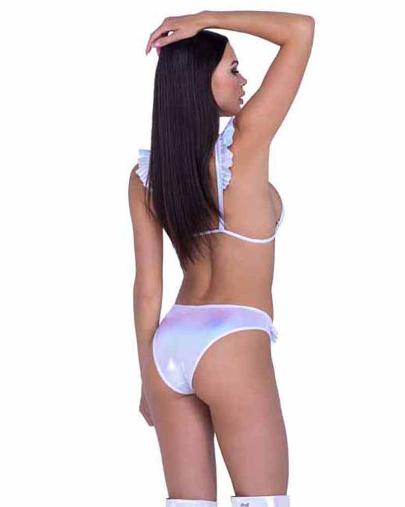 R-6445 White Metallic Bikini Top with Ruffle