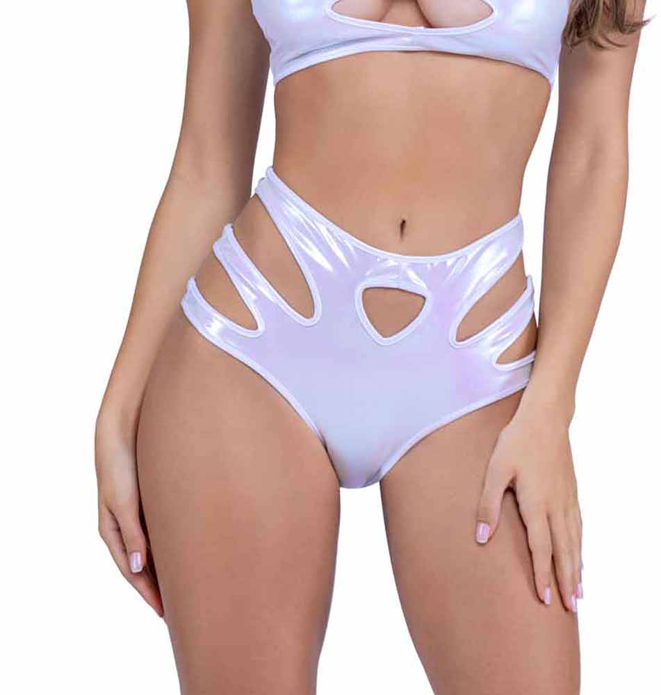 R-6449 White Keyhole High-Waisted Shorts with Cutout