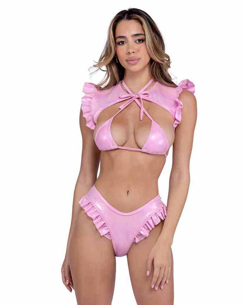 R-6452 Baby Pink Ruffled Shorts with Thong Back Thongs Roma   