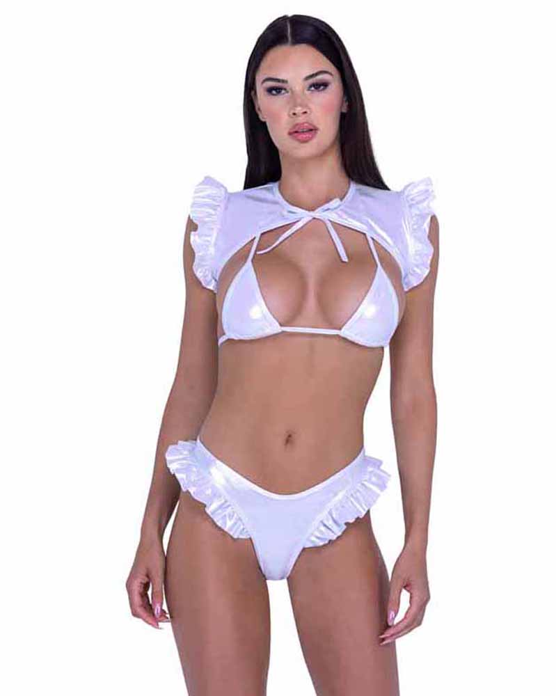 R-6451 White Shrug with Ruffle Shrugs Roma   