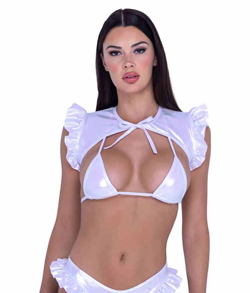 R-6451 White Shrug with Ruffle Shrugs Roma   