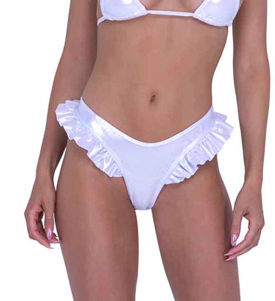 R-6452 White Ruffled Shorts with Thong Back Thongs Roma   