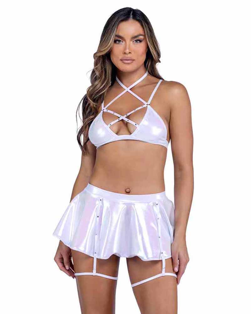 R-6455 White Skirt with Rhinestone Straps Skirts Roma   