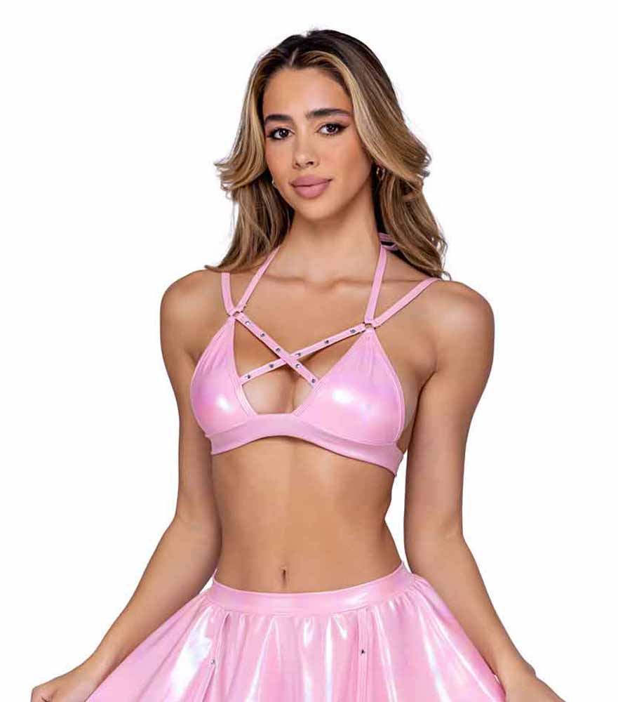 R-6454 Baby Pink Criss-Cross Bikini Top with Rhinestone