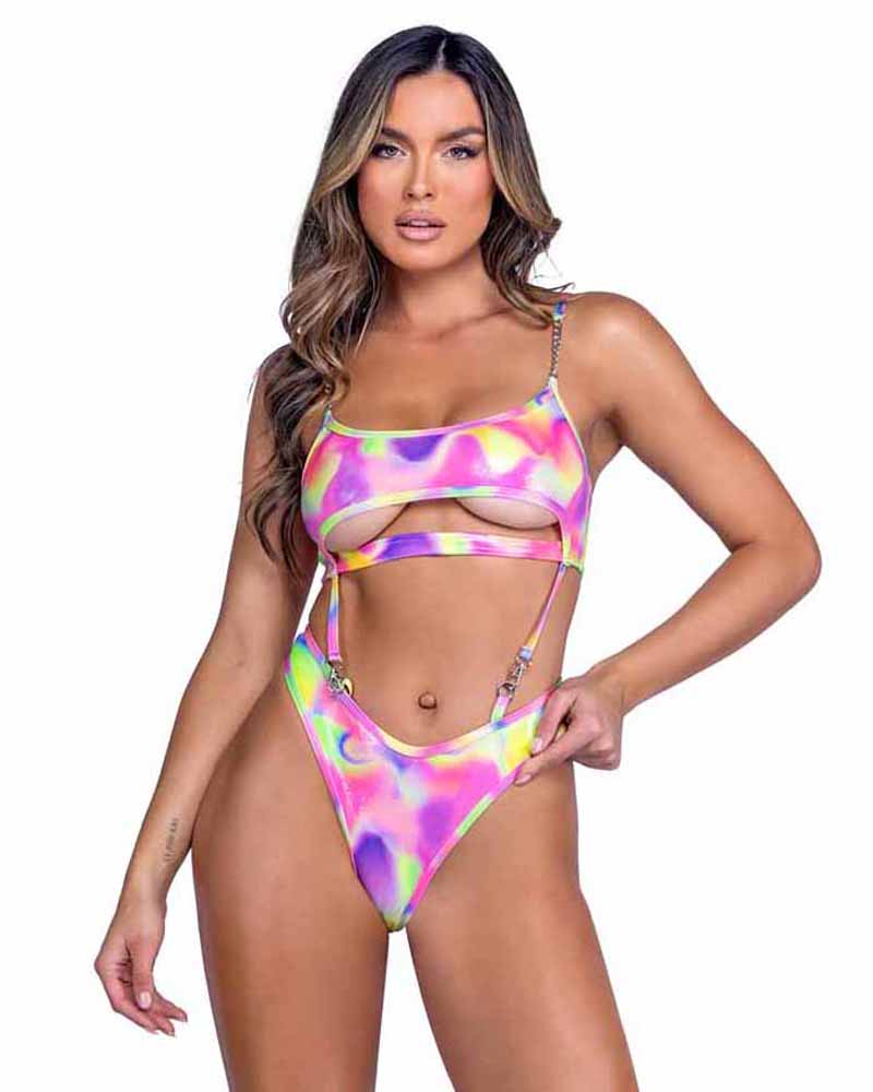 R-6470 Multi-Colored Underboob Romper and Thong Back