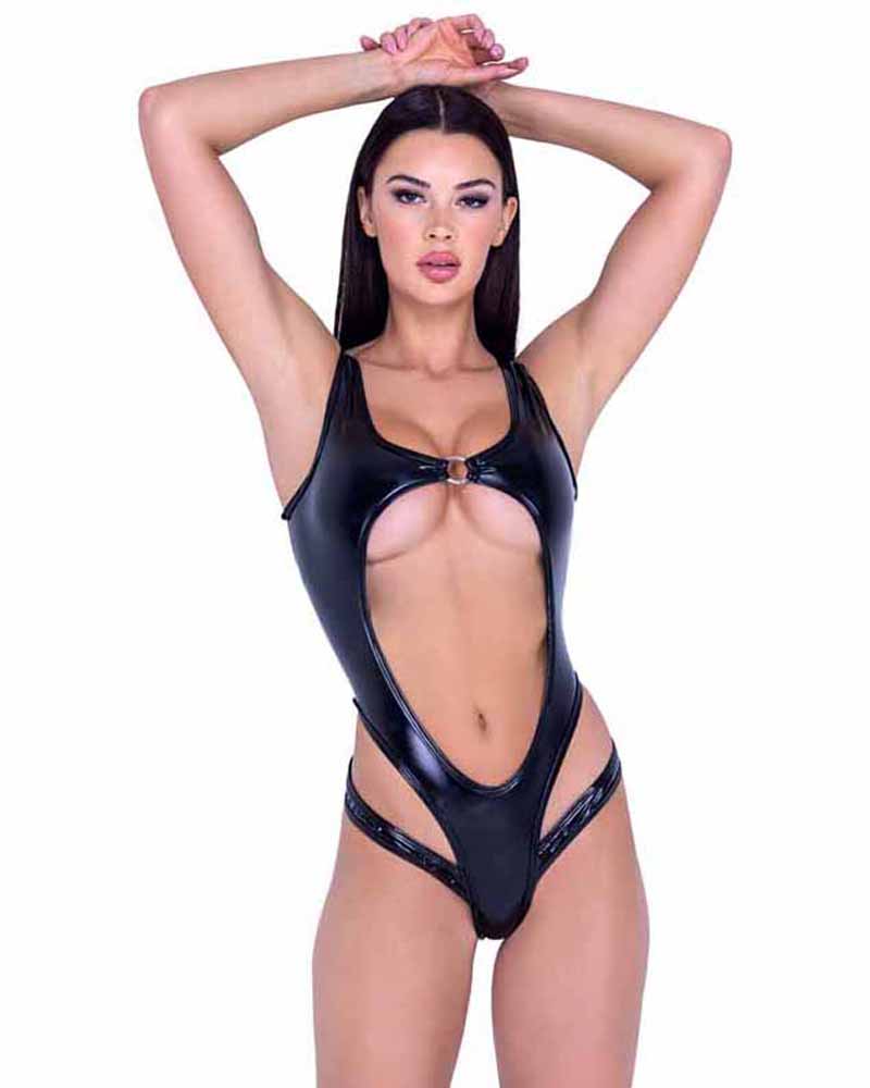 R-6474 Keyhole Vinyl Romper with Double Strap Thong Back