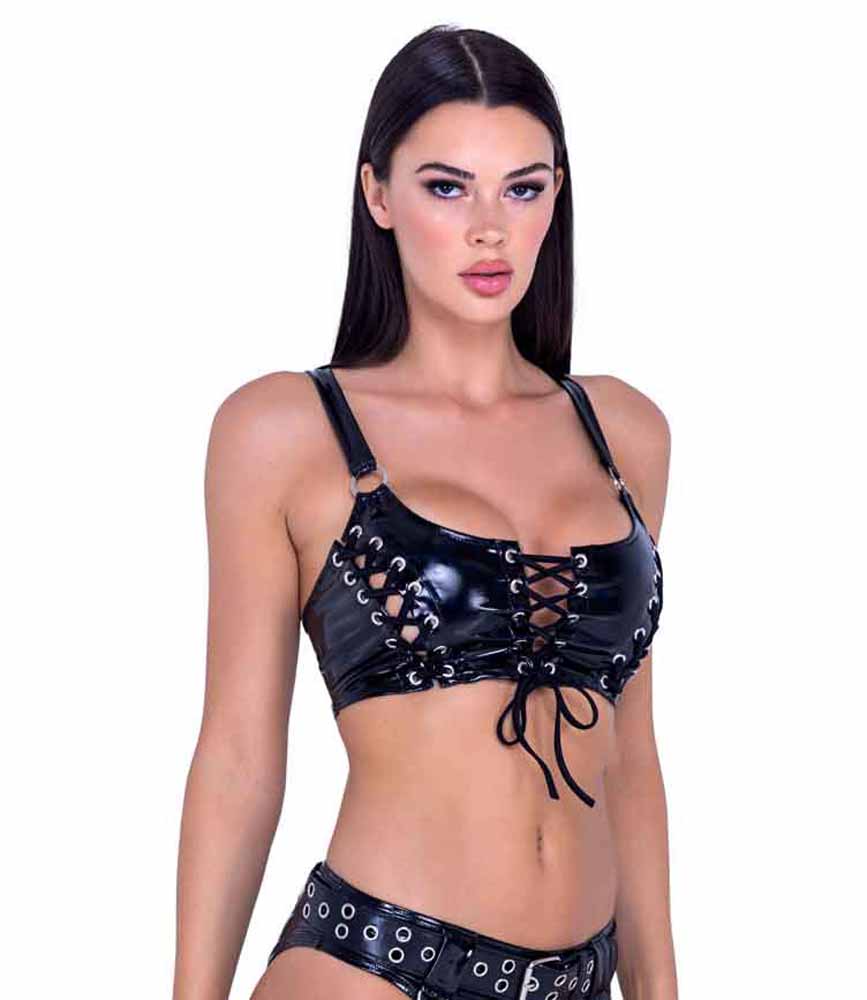 R-6481 Vinyl Lace-Up Cropped Top with Ring