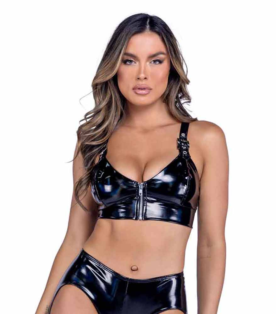 R-6486 Vinyl Front Zip-Up Crop Top Tops Roma   