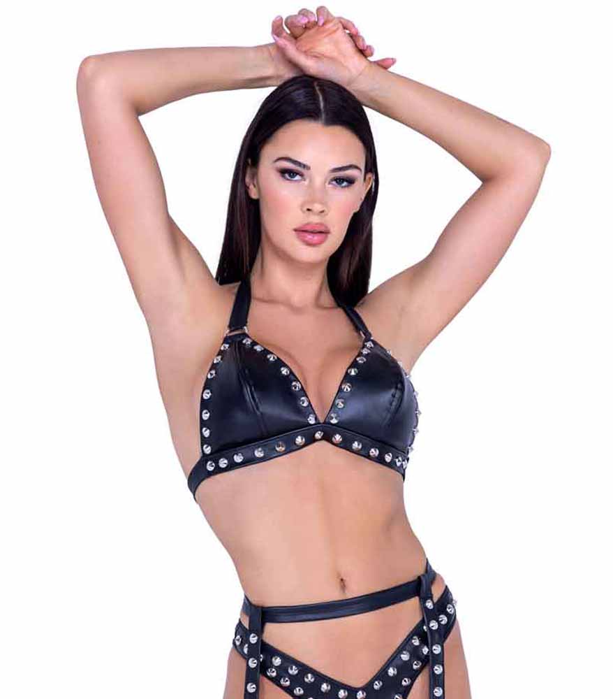 R-6488 Faux Leather Bikini Top and Scrunch Back Thong Bottoms Ravewear Sets Roma   