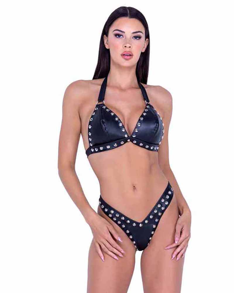 R-6488 Faux Leather Bikini Top and Scrunch Back Thong Bottoms Ravewear Sets Roma   