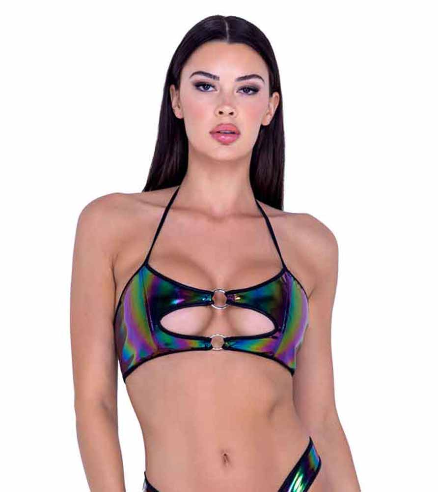 R-6490 Rainbow Vinyl Keyhole Cropped Top Tops Roma   