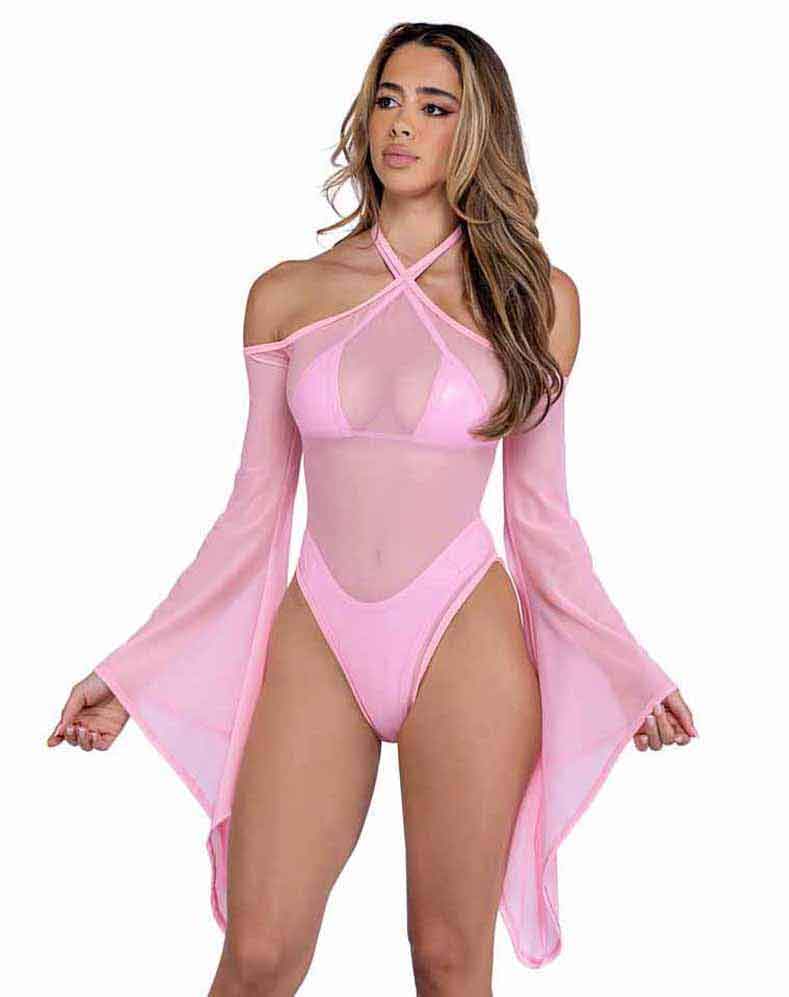 R-6497 Baby Pink Sheer Mesh Romper with Bell Sleeves  Roma   