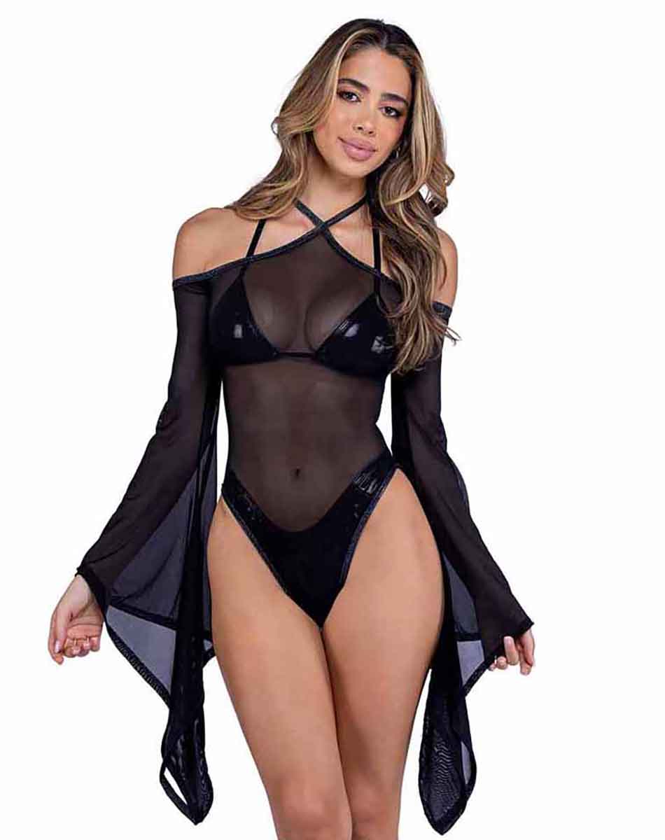 R-6497 Black Sheer Mesh Romper with Bell Sleeves  Roma   