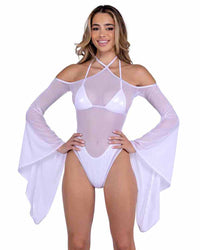 R-6497 White Sheer Mesh Romper with Bell Sleeves  Roma   