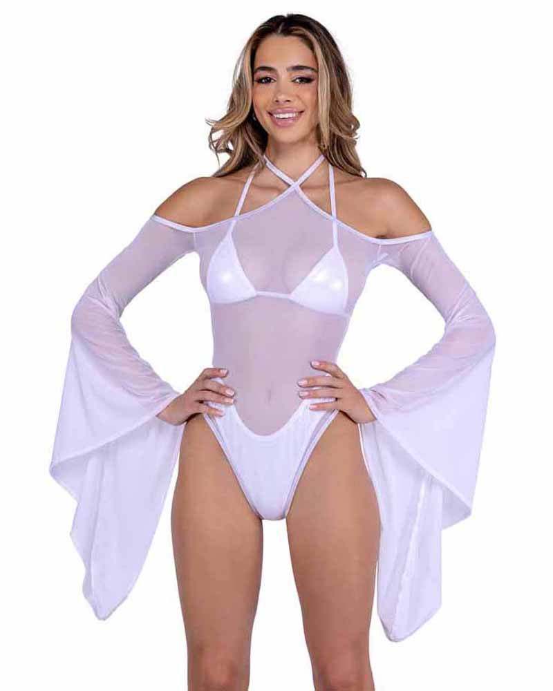 R-6497 White Sheer Mesh Romper with Bell Sleeves  Roma   