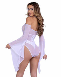 R-6497 White Sheer Mesh Romper with Bell Sleeves  Roma   