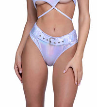 R-6544 White Shimmer High-Waisted Shorts with Belt Shorts Roma   