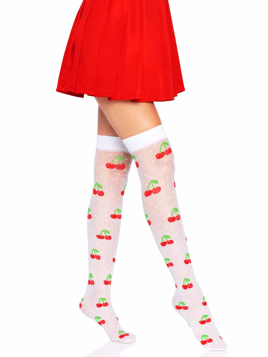 LA6638 - Polka Dot and Chery Print Stockings Stockings Leg Avenue White/Red One Size 