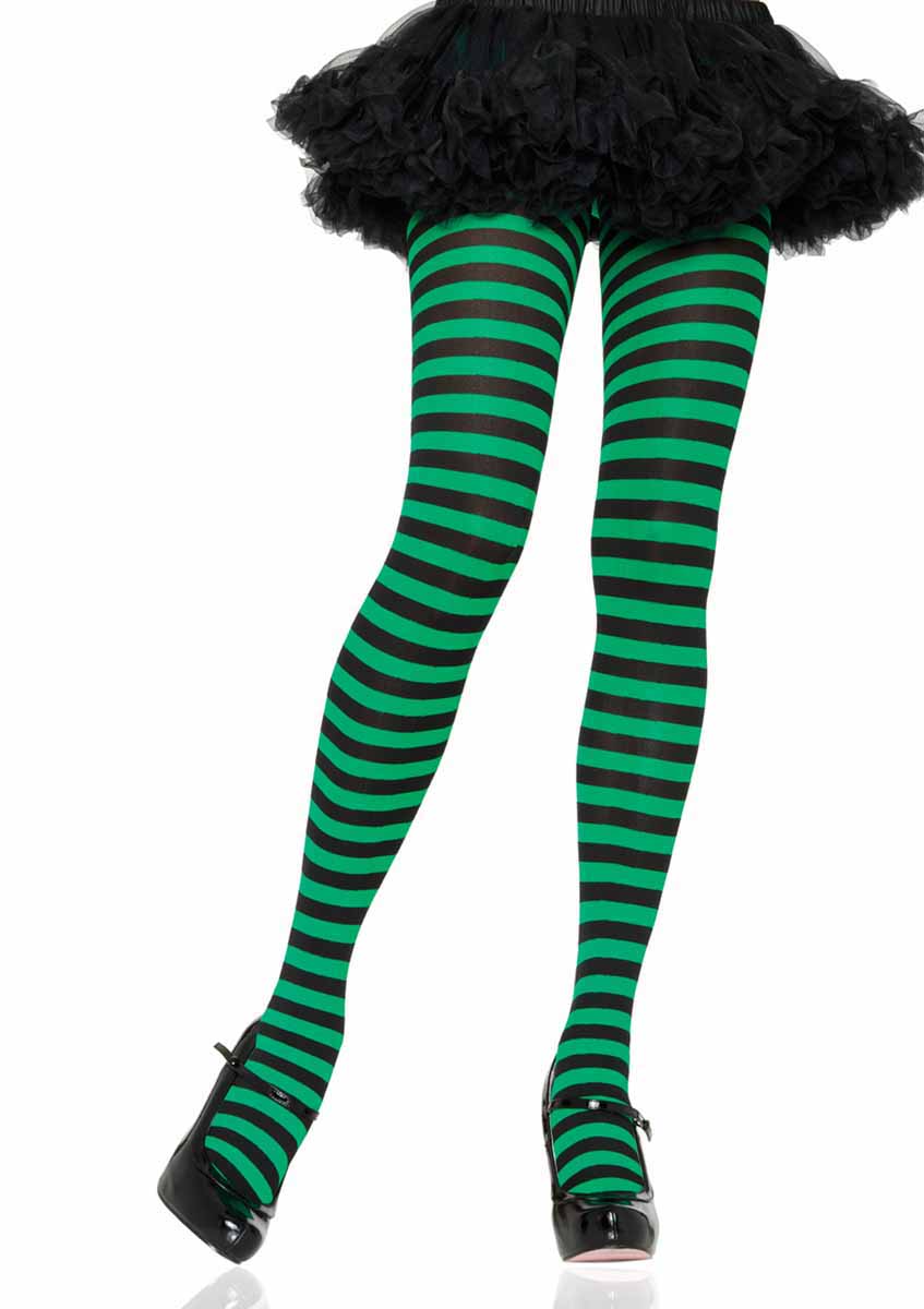 LA7100 - Nylon Stripe Tights Pantyhose Leg Avenue Black/Kelly Green One Size 