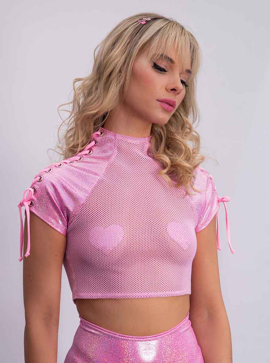 JV-FE235- Lace-Up Shoulder Top Tops JValentine Baby Pink S/M 