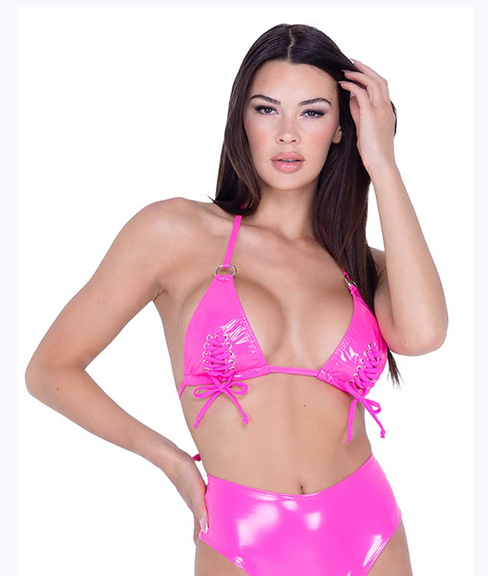 JV-FE310 Hot Pink Lace-Up PVC Triangle Top Tops JValentine   