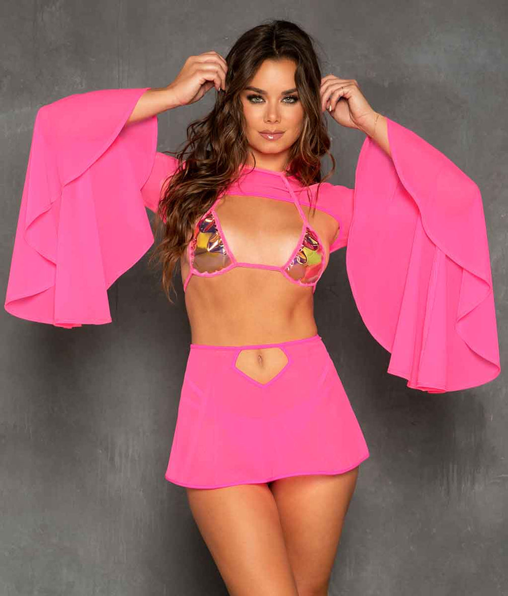 JV-FS189 Hot Pink Mesh Bell-Sleeve Shrug Shrugs JValentine   