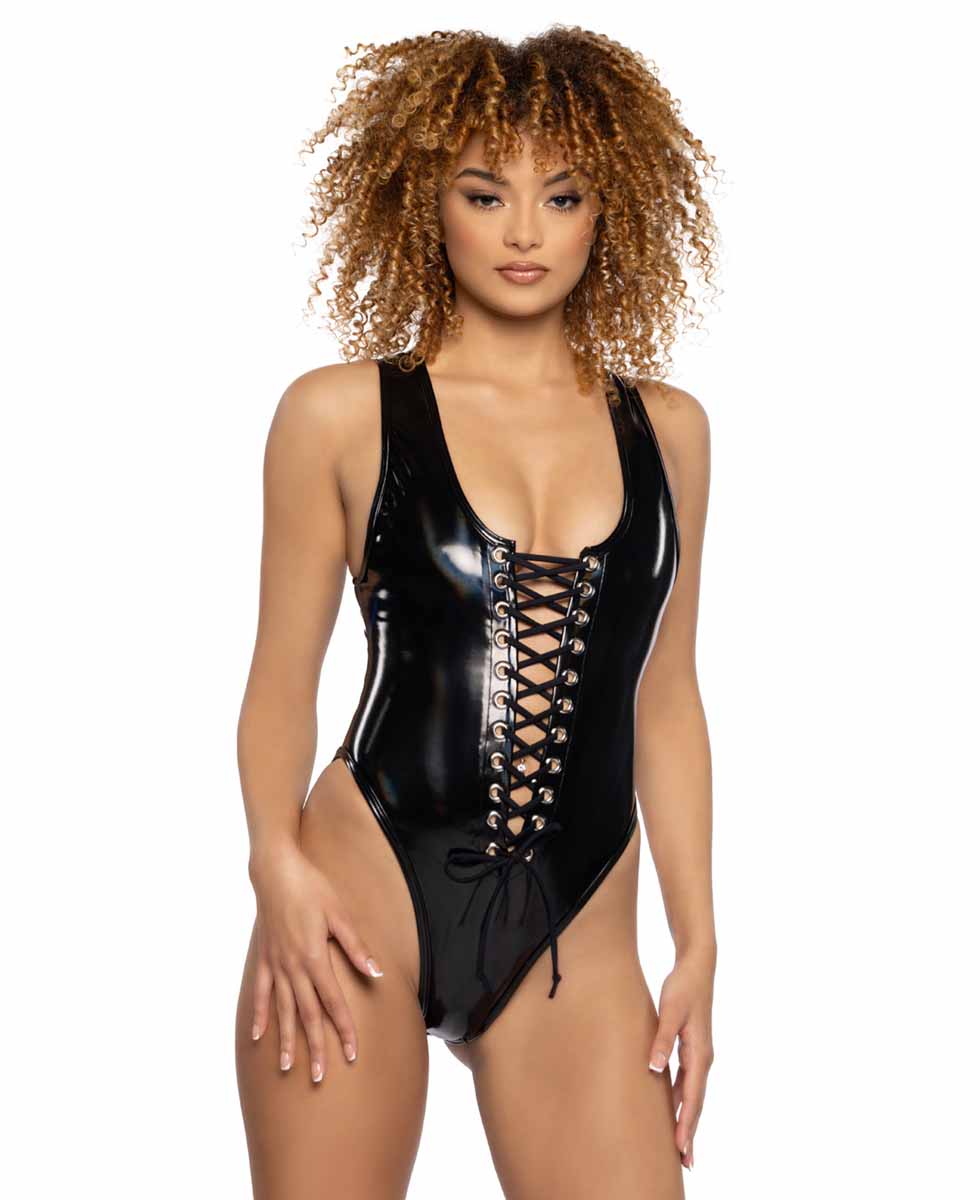 JV-JR103 Black PVC Lace-Up Bodysuit BodySuits JValentine   