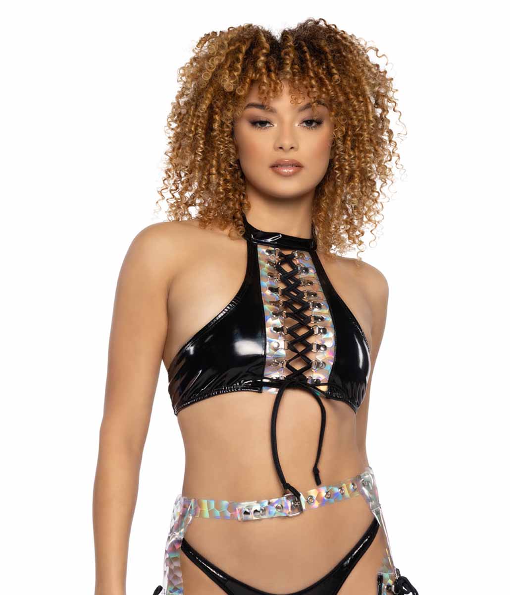 JV-JR108 Black PVC & Prism Lace-Up Top Tops JValentine   