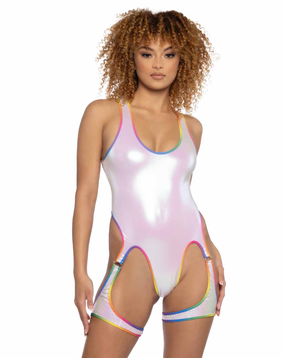 JV-JR114 White Chaps Bodysuit. Stretch Foil BodySuits JValentine   