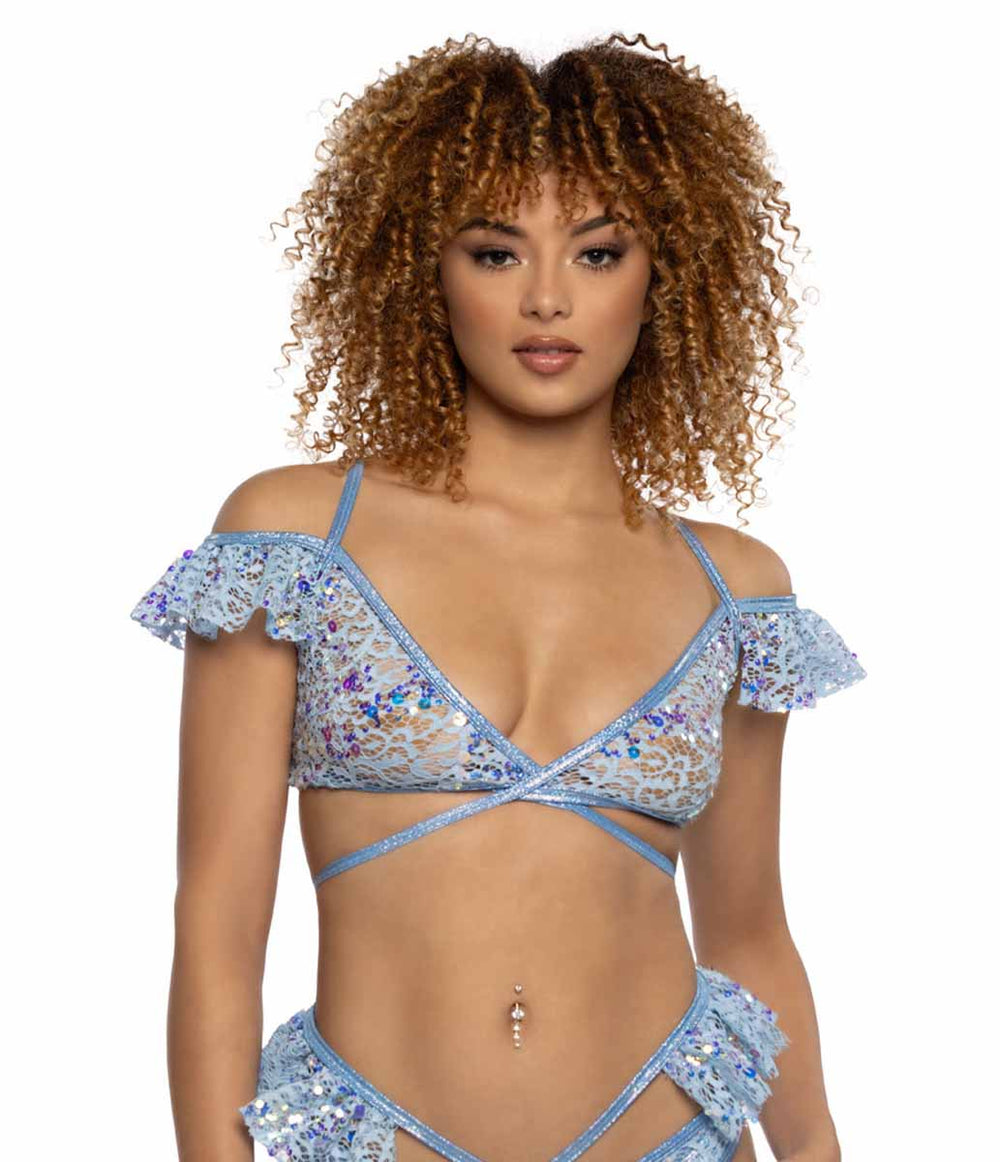 JV-JR128 Baby Blue Sequin Lace Ruffle Wrap Top Tops JValentine   