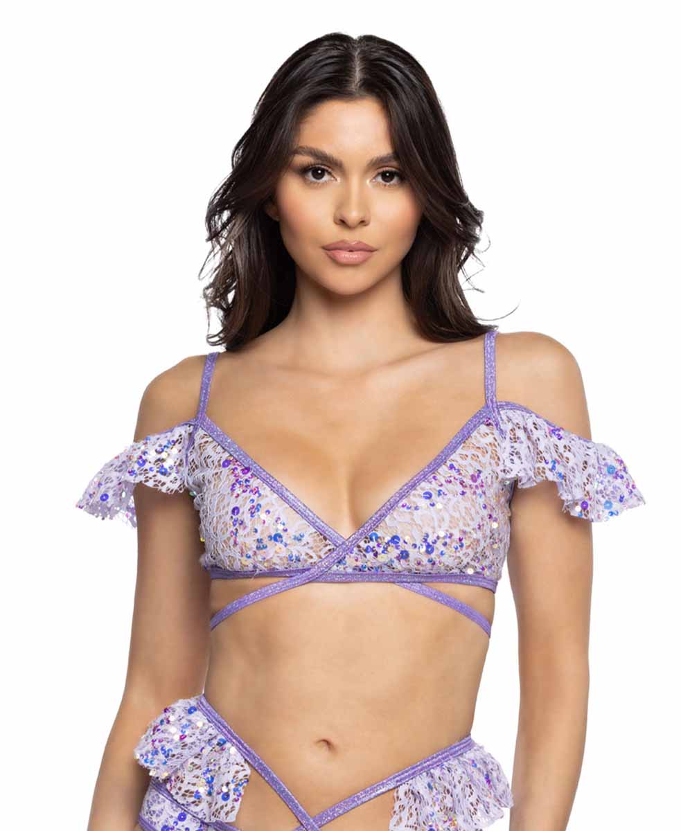 JV-JR128 Lavender Sequin Lace Ruffle Wrap Top Tops JValentine   