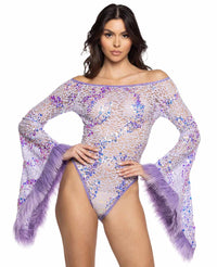 JV-JR130 Lavender Faux Fur Trimmed Flair Sleeve Bodysuit BodySuits JValentine   